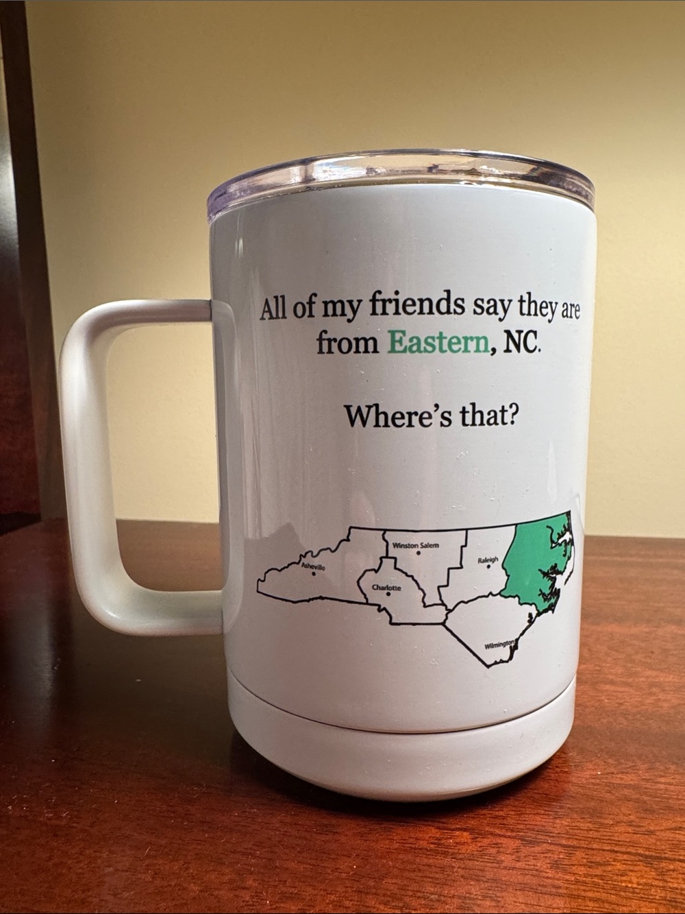 Eastern NC Polar Camel Coffee Mug with Slider Lid Travel Mug 15 ounce White